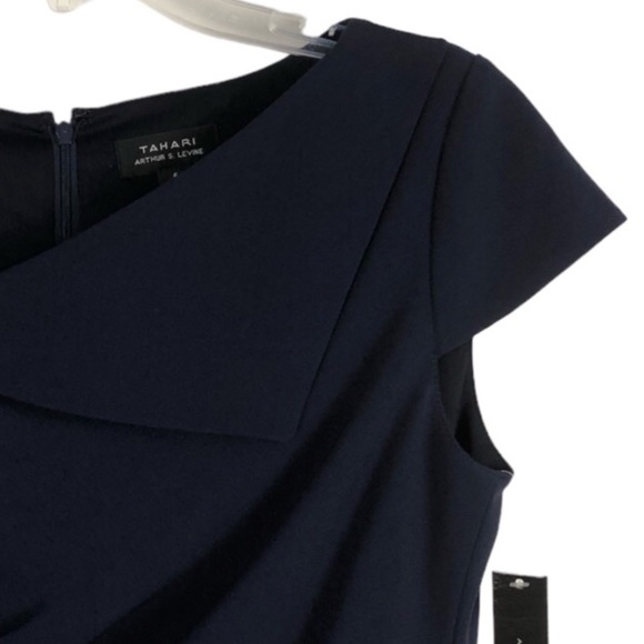 Tahari ASL Navy Asymmetric Collared Sheath Dress 6 - Picture 11 of 16